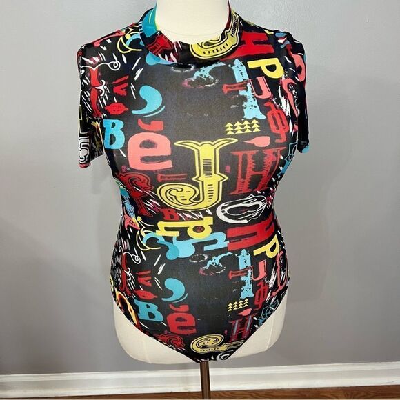 Sheer mock turtleneck short sleeve alphabet graphic print bodysuit - 1X‎ - Picture 2 of 12